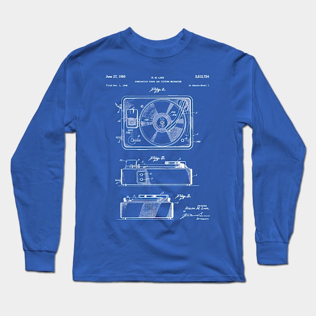 Record Player Patent - Vinyl Fan Music Lover Art - Blueprint Long Sleeve T-Shirt by patentpress